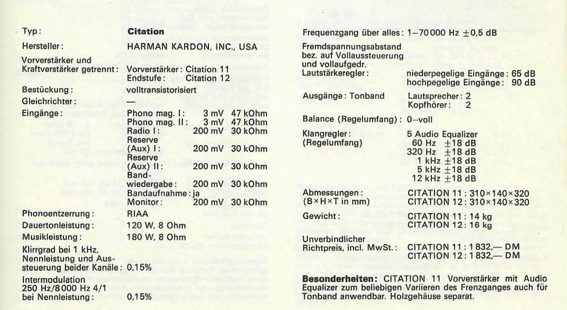 Harman Kardon Citation 11 Specs